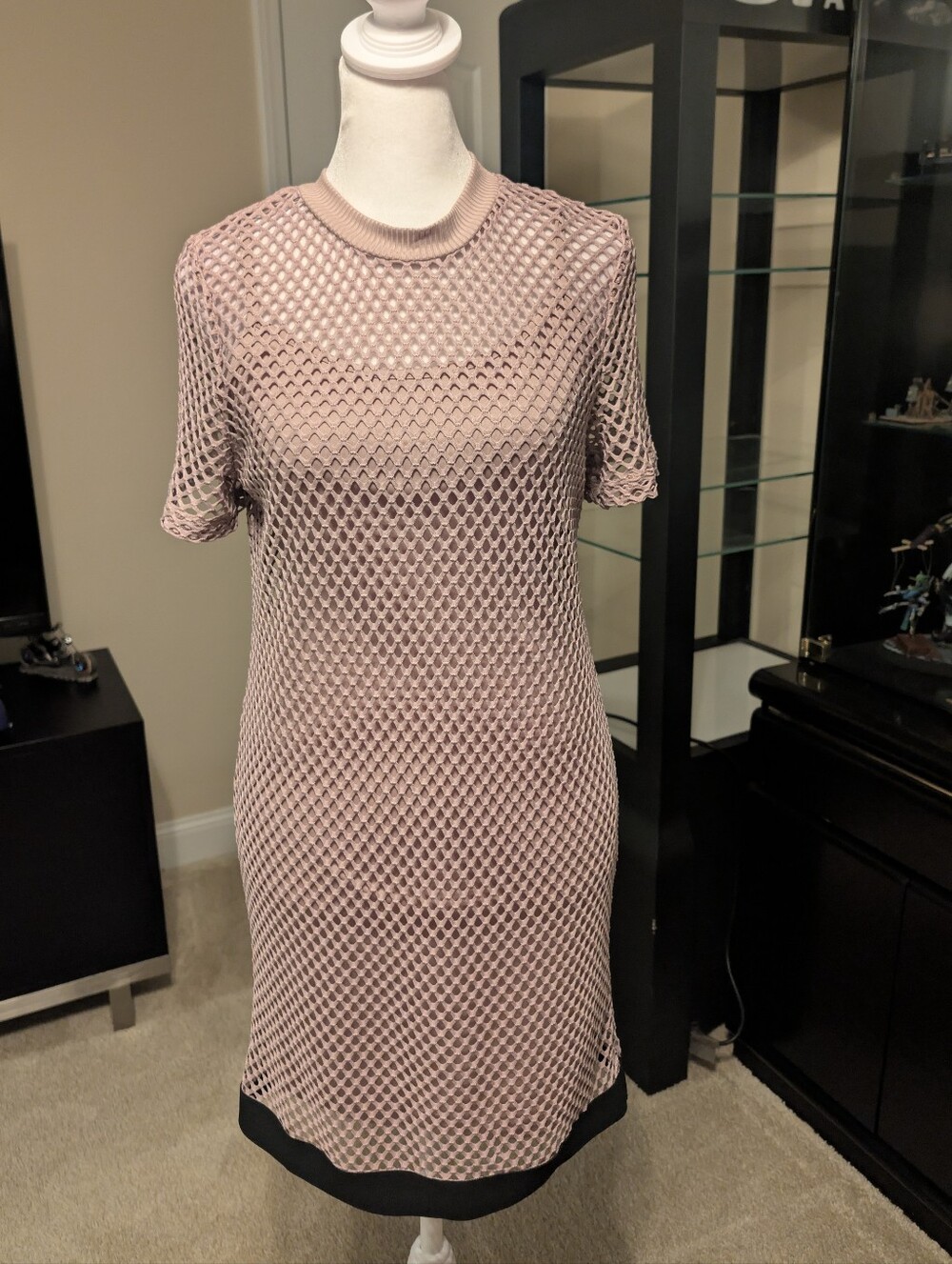 Rue21 Dusty Pink Mesh Overlay Short Sleeve Shift Dress with Black Hem